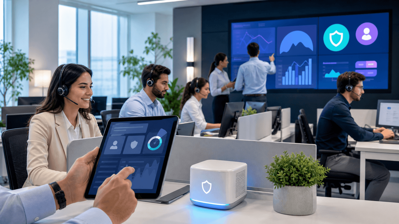 Modern call center with headset-wearing agent and glowing AI hologram interface, blue lighting and clean desks